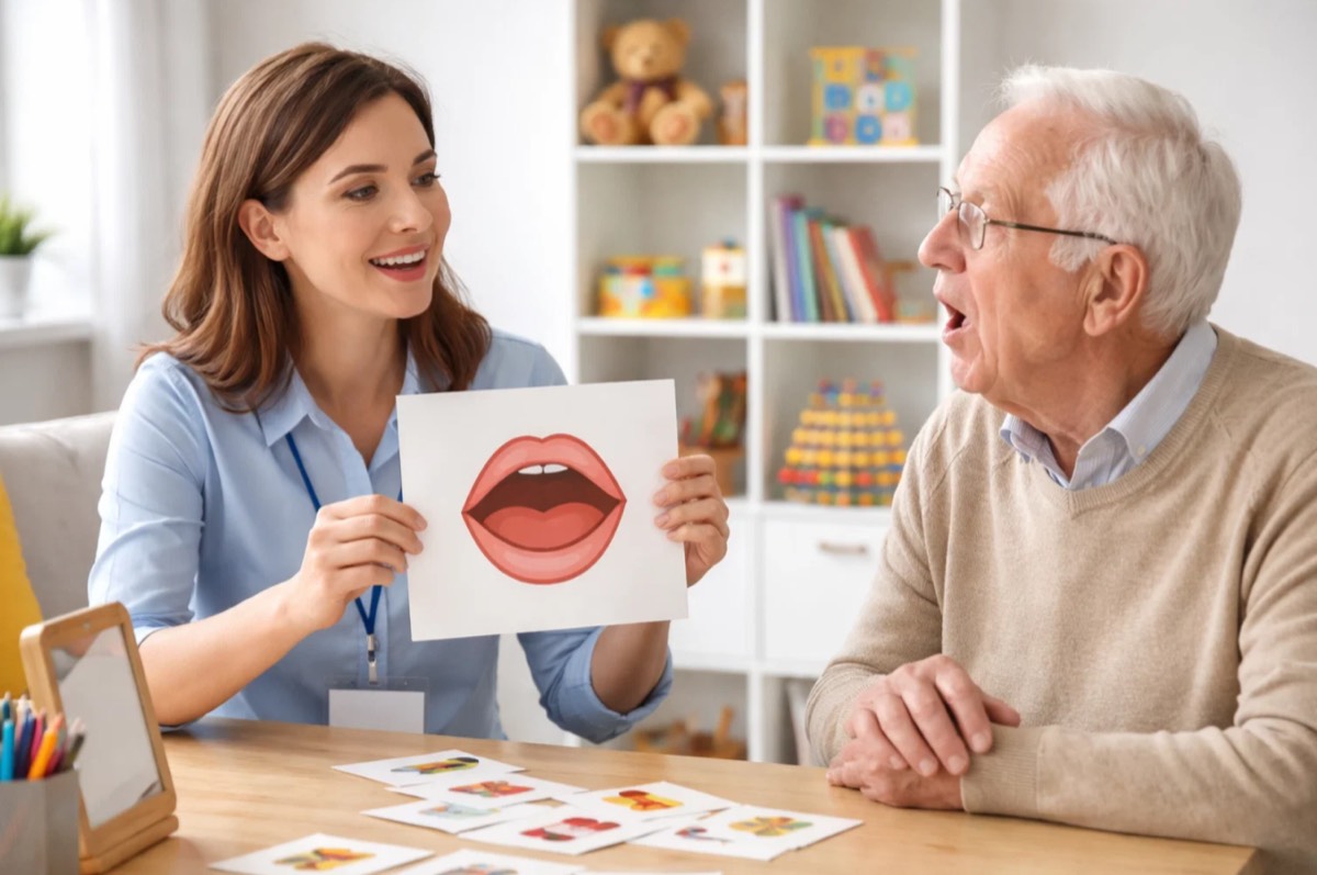 Speech therapist working with elderly client