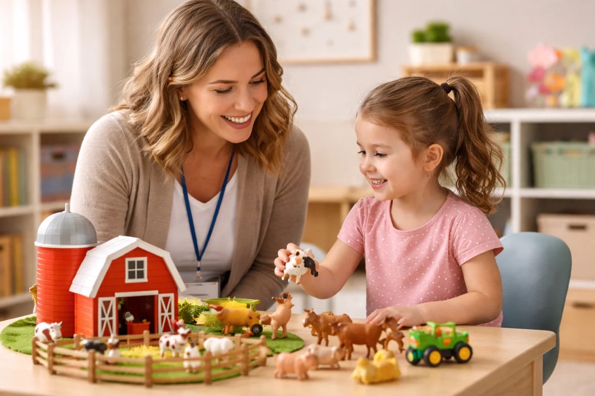 Female speech therapist and young girl playing with farm toys during therapy session